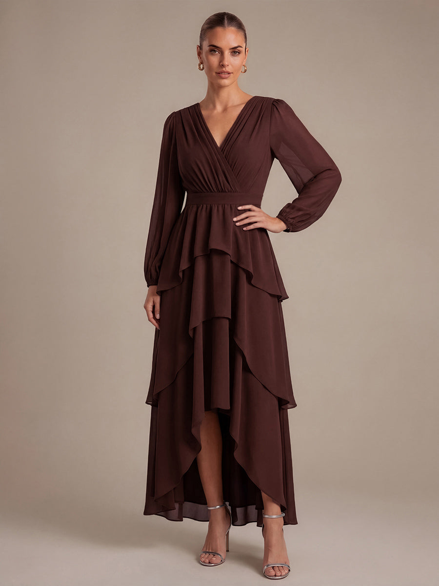 Asymmetrischer Saum Kleid Überkreuzter Ausschnitt A-Linien Schnitt Chiffon Smocked Volants #Farbe_Chocolate Brown