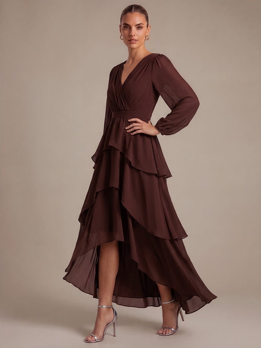 Asymmetrischer Saum Kleid Überkreuzter Ausschnitt A-Linien Schnitt Chiffon Smocked Volants #Farbe_Chocolate Brown