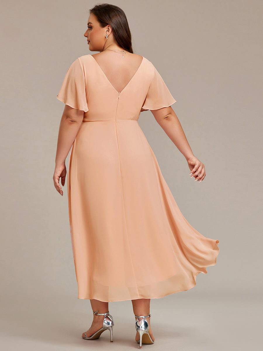Funkelndes Abendkleid in A-Linie mit Empire-Taille und langen ?rmeln #farbe_Pfirsich