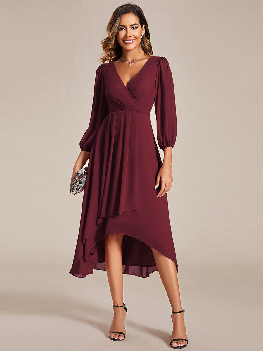 Robe d'invit¨¦ de mariage trap¨¨ze en mousseline fluide ¨¤ encolure ronde et longueur au genou #farbe_Burgunderrot