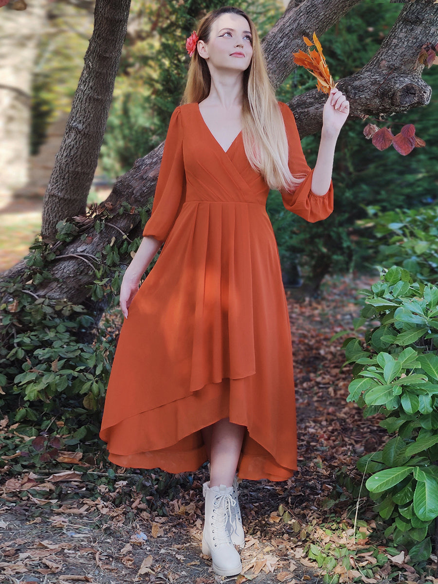 Robe d'invit¨¦ de mariage trap¨¨ze en mousseline fluide ¨¤ encolure ronde et longueur au genou #farbe_Gebranntes Orange