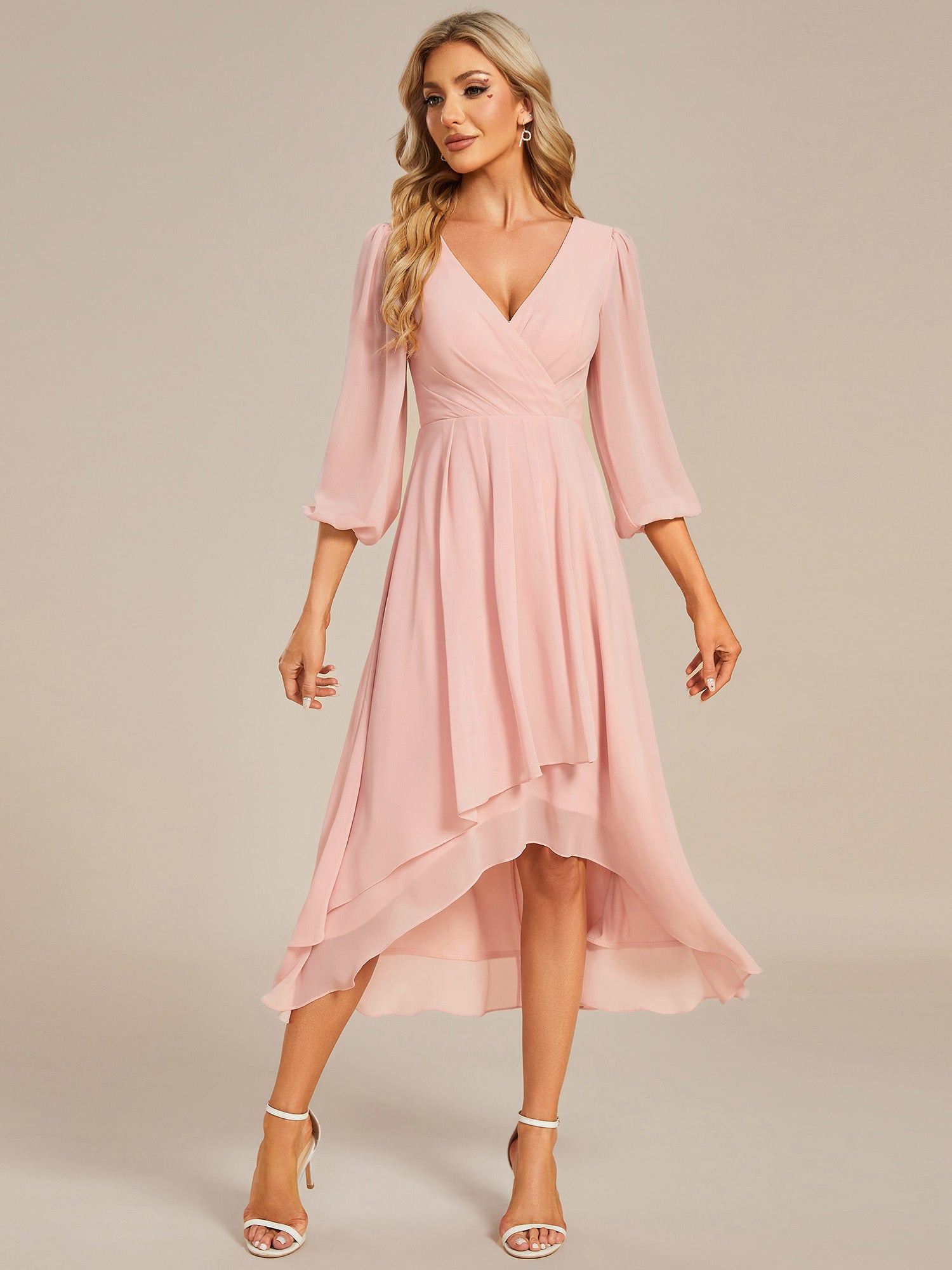 Robe d'invit¨¦ de mariage trap¨¨ze en mousseline fluide ¨¤ encolure ronde et longueur au genou #farbe_Pink