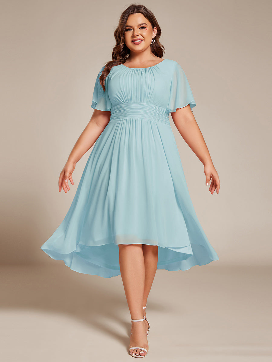 Robe d'invit¨¦ de mariage trap¨¨ze en mousseline fluide ¨¤ encolure ronde et longueur au genou #farbe_Himmelblau