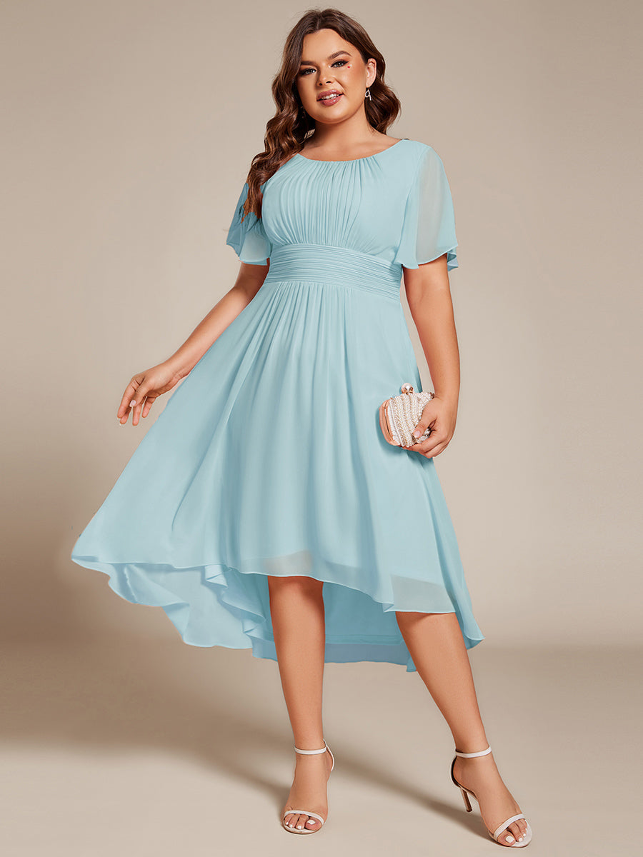 Robe d'invit¨¦ de mariage trap¨¨ze en mousseline fluide ¨¤ encolure ronde et longueur au genou #farbe_Himmelblau