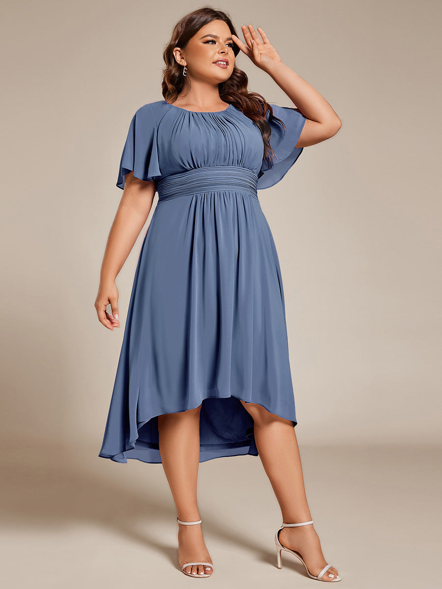 Robe d'invit¨¦ de mariage trap¨¨ze en mousseline fluide ¨¤ encolure ronde et longueur au genou #farbe_Taubenblau