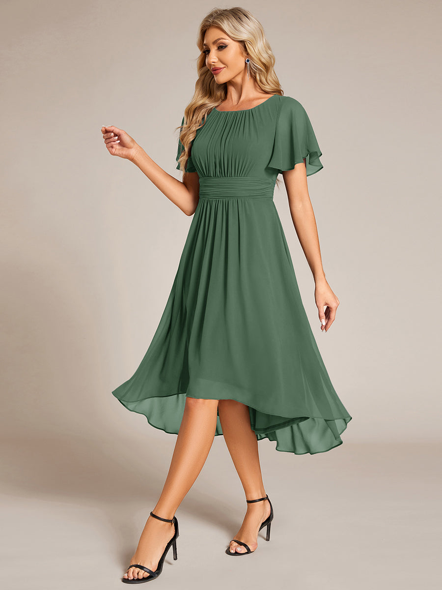 Robe d'invit¨¦ de mariage trap¨¨ze en mousseline fluide ¨¤ encolure ronde et longueur au genou #farbe_Eukalyptus