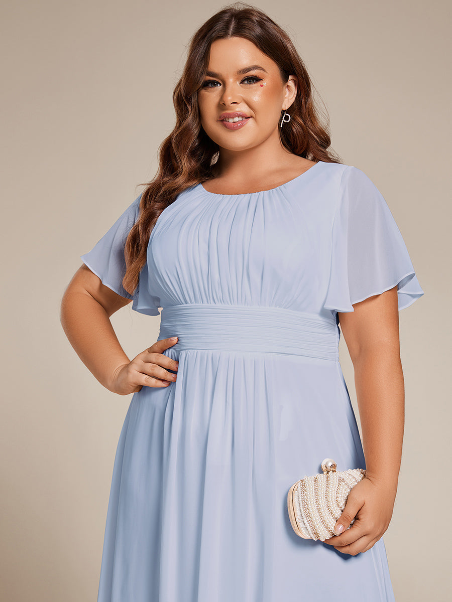 Robe d'invit¨¦ de mariage trap¨¨ze en mousseline fluide ¨¤ encolure ronde et longueur au genou #farbe_Eisblau