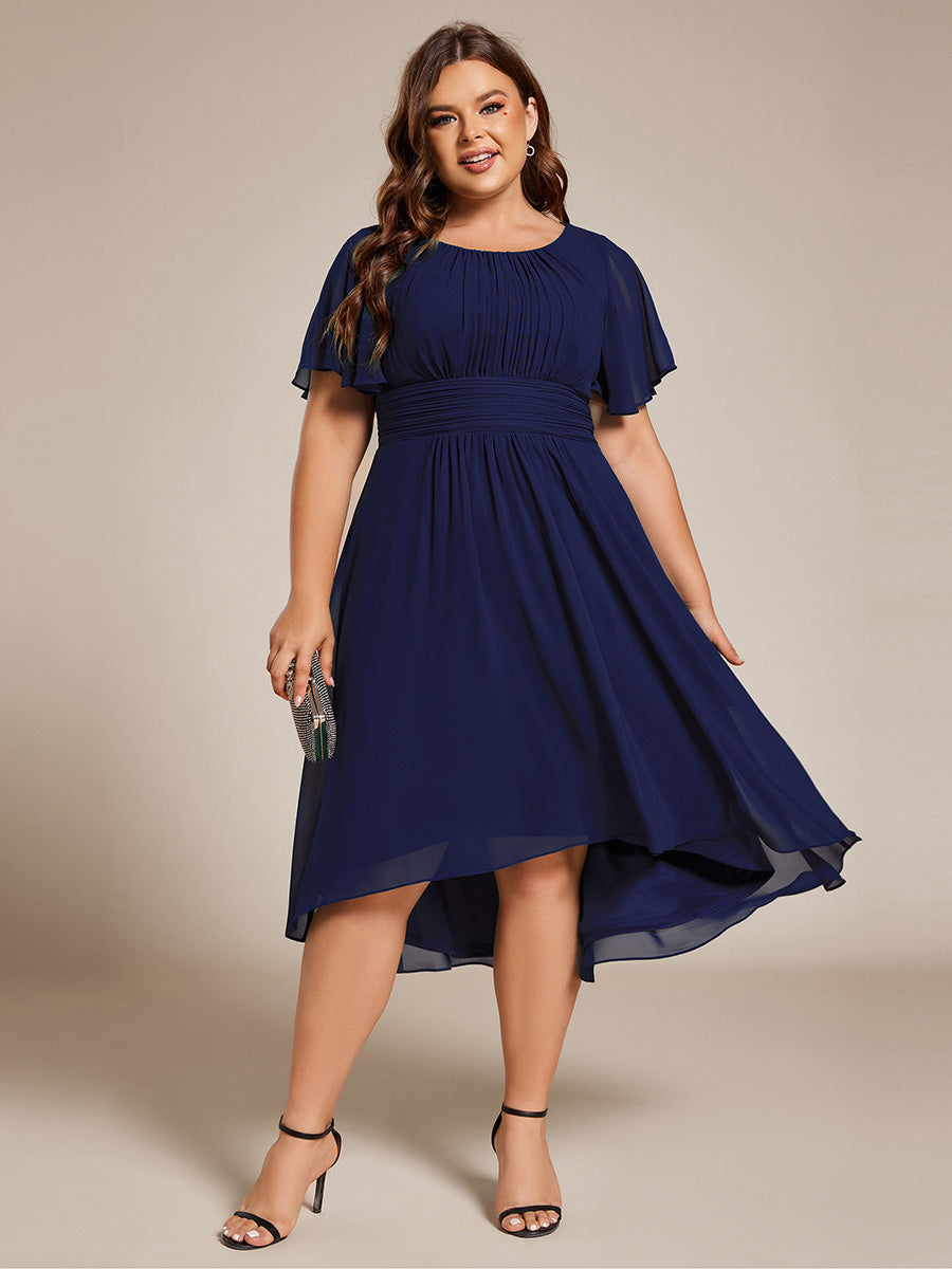 Robe d'invit¨¦ de mariage trap¨¨ze en mousseline fluide ¨¤ encolure ronde et longueur au genou #farbe_Marineblau