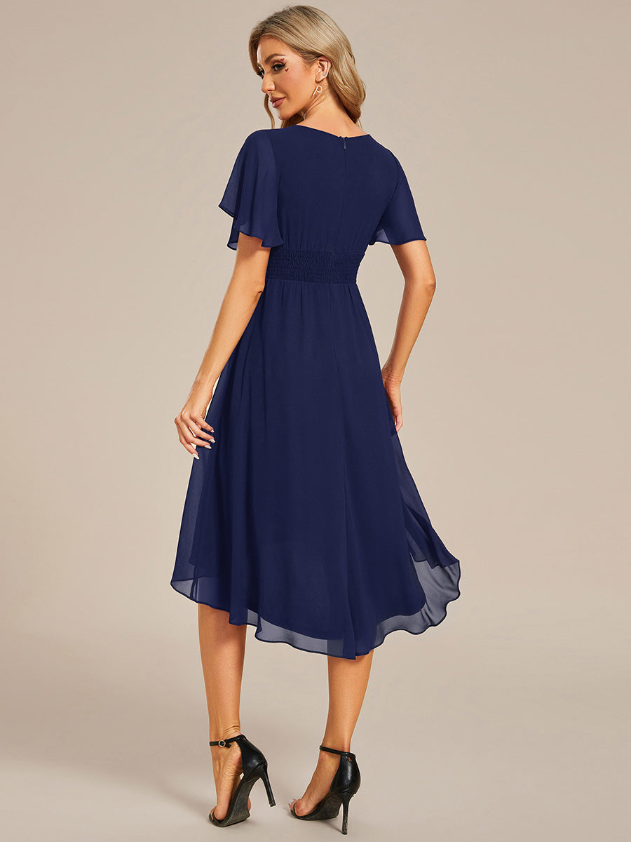 Robe d'invit¨¦ de mariage trap¨¨ze en mousseline fluide ¨¤ encolure ronde et longueur au genou #farbe_Marineblau