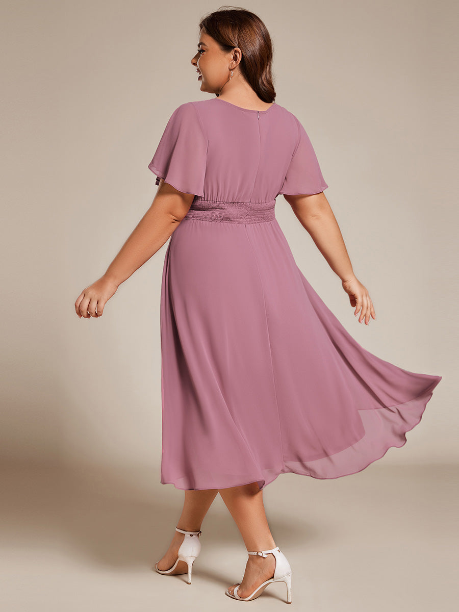 Robe d'invit¨¦ de mariage trap¨¨ze en mousseline fluide ¨¤ encolure ronde et longueur au genou #farbe_Orchideenviolett