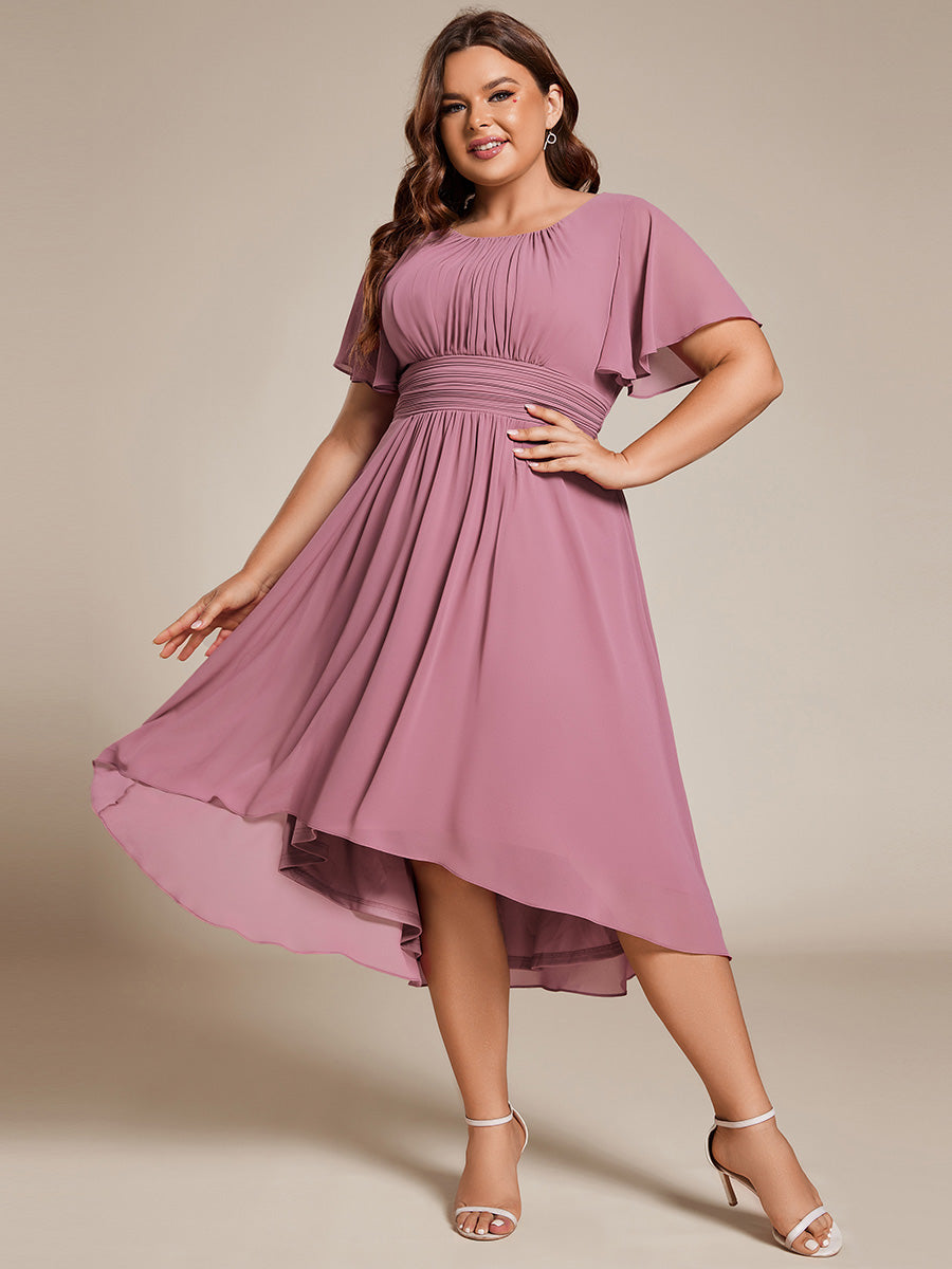 Robe d'invit¨¦ de mariage trap¨¨ze en mousseline fluide ¨¤ encolure ronde et longueur au genou #farbe_Orchideenviolett