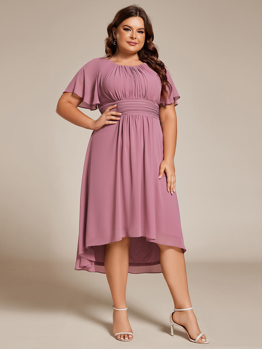 Robe d'invit¨¦ de mariage trap¨¨ze en mousseline fluide ¨¤ encolure ronde et longueur au genou #farbe_Orchideenviolett