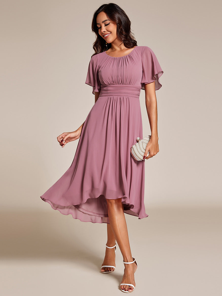 Robe d'invit¨¦ de mariage trap¨¨ze en mousseline fluide ¨¤ encolure ronde et longueur au genou #farbe_Orchideenviolett