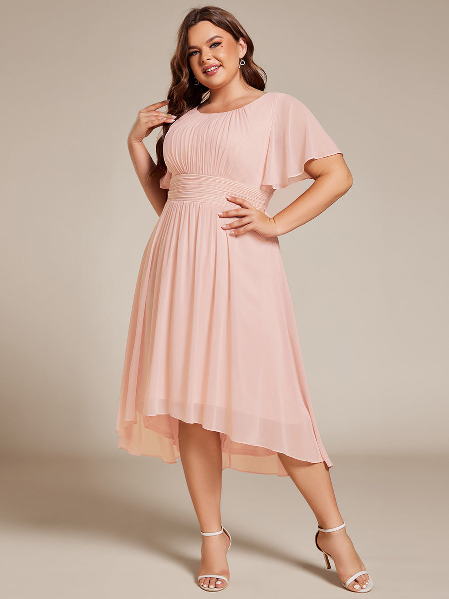Robe d'invit¨¦ de mariage trap¨¨ze en mousseline fluide ¨¤ encolure ronde et longueur au genou #farbe_Pink