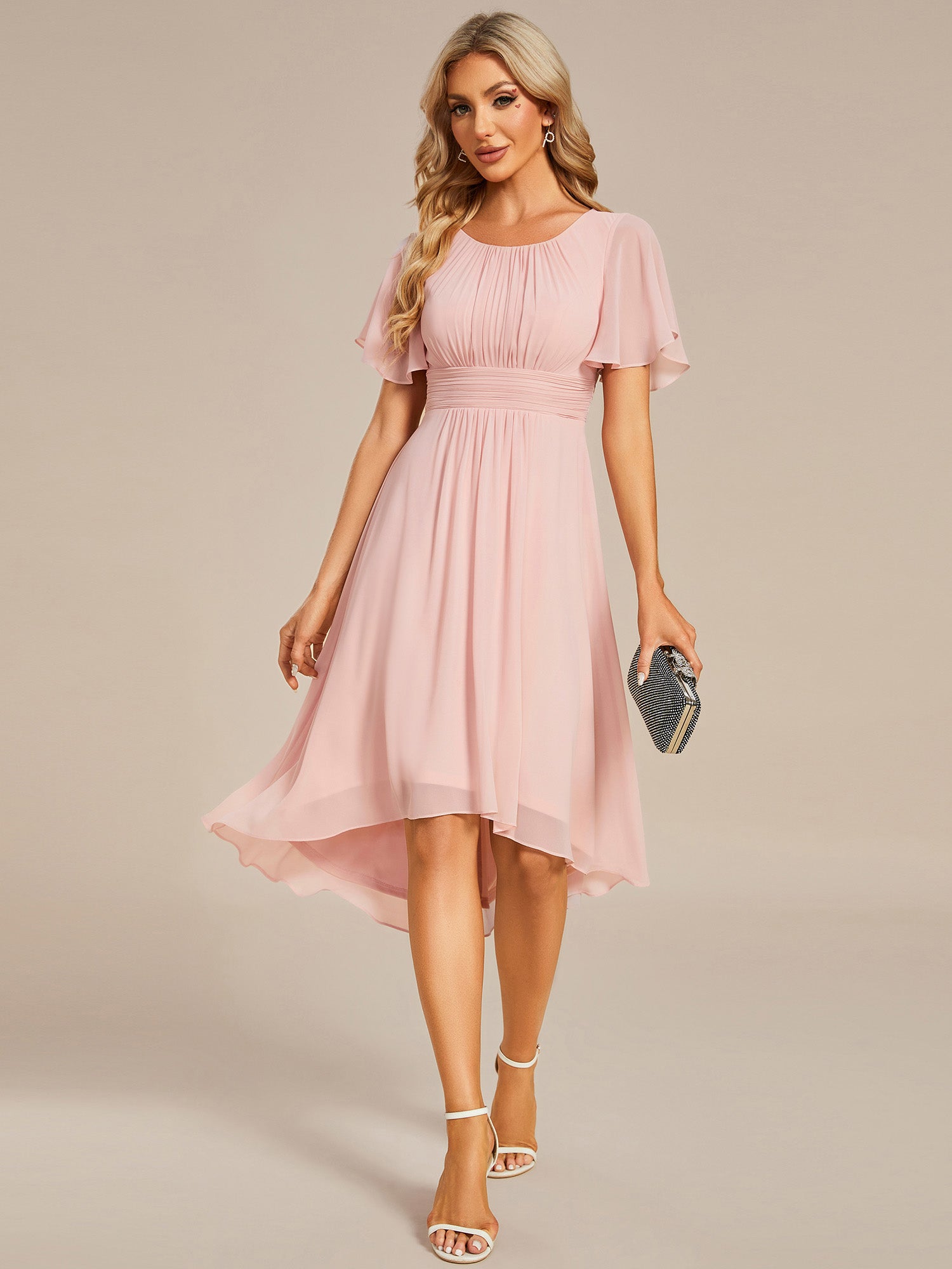 Robe d'invit¨¦ de mariage trap¨¨ze en mousseline fluide ¨¤ encolure ronde et longueur au genou #farbe_Pink