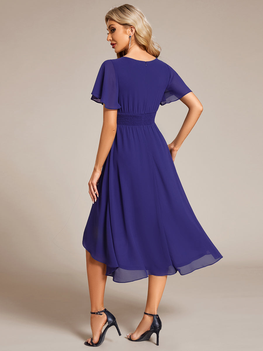 Robe d'invit¨¦ de mariage trap¨¨ze en mousseline fluide ¨¤ encolure ronde et longueur au genou #farbe_Saphirblau