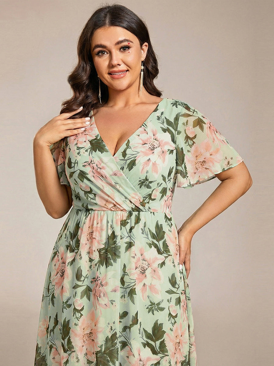 Funkelndes Abendkleid in A-Linie mit Empire-Taille und langen ?rmeln #farbe_Grüne Blüten