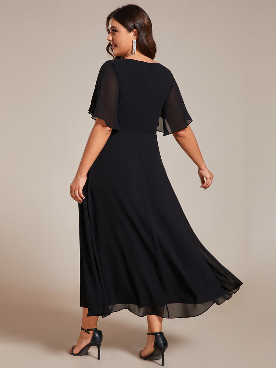 Midi Länge V-Ausschnitt A-Linie Chiffon Kleid Mit Applikationen Und Raffung Details Kleid #Farbe_Schwarz