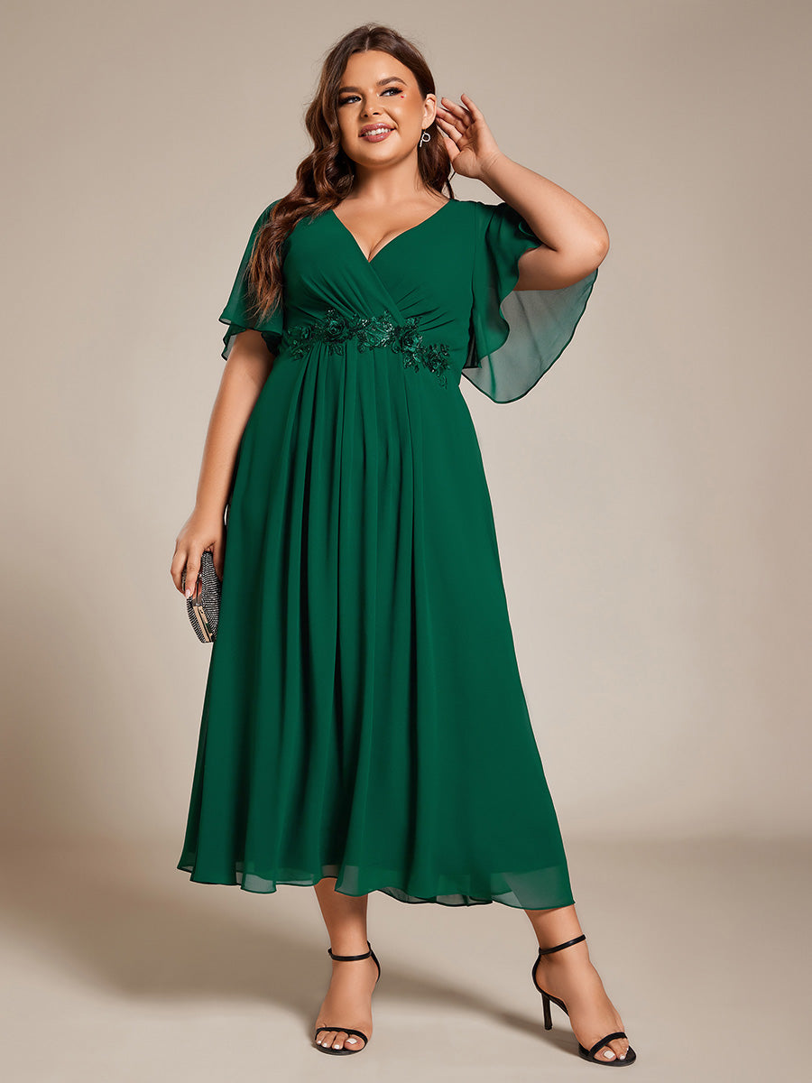 Midi Länge V-Ausschnitt A-Linie Chiffon Kleid Mit Applikationen Und Raffung Details Kleid #Farbe_Dunkelgrün