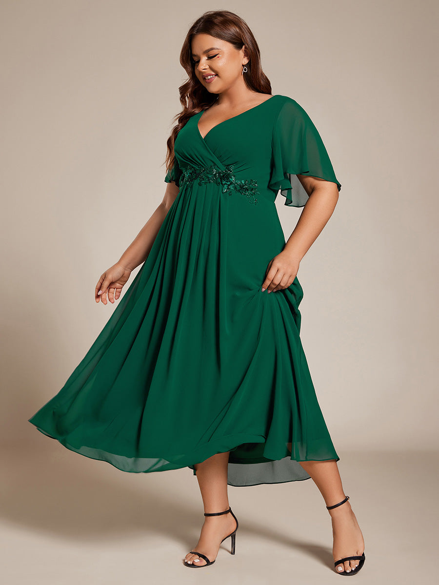 Midi Länge V-Ausschnitt A-Linie Chiffon Kleid Mit Applikationen Und Raffung Details Kleid #Farbe_Dunkelgrün