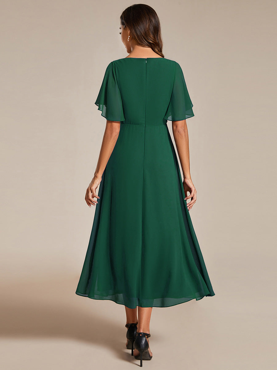 Midi Länge V-Ausschnitt A-Linie Chiffon Kleid Mit Applikationen Und Raffung Details Kleid #Farbe_Dunkelgrün