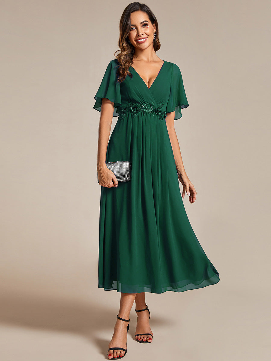 Midi Länge V-Ausschnitt A-Linie Chiffon Kleid Mit Applikationen Und Raffung Details Kleid #Farbe_Dunkelgrün