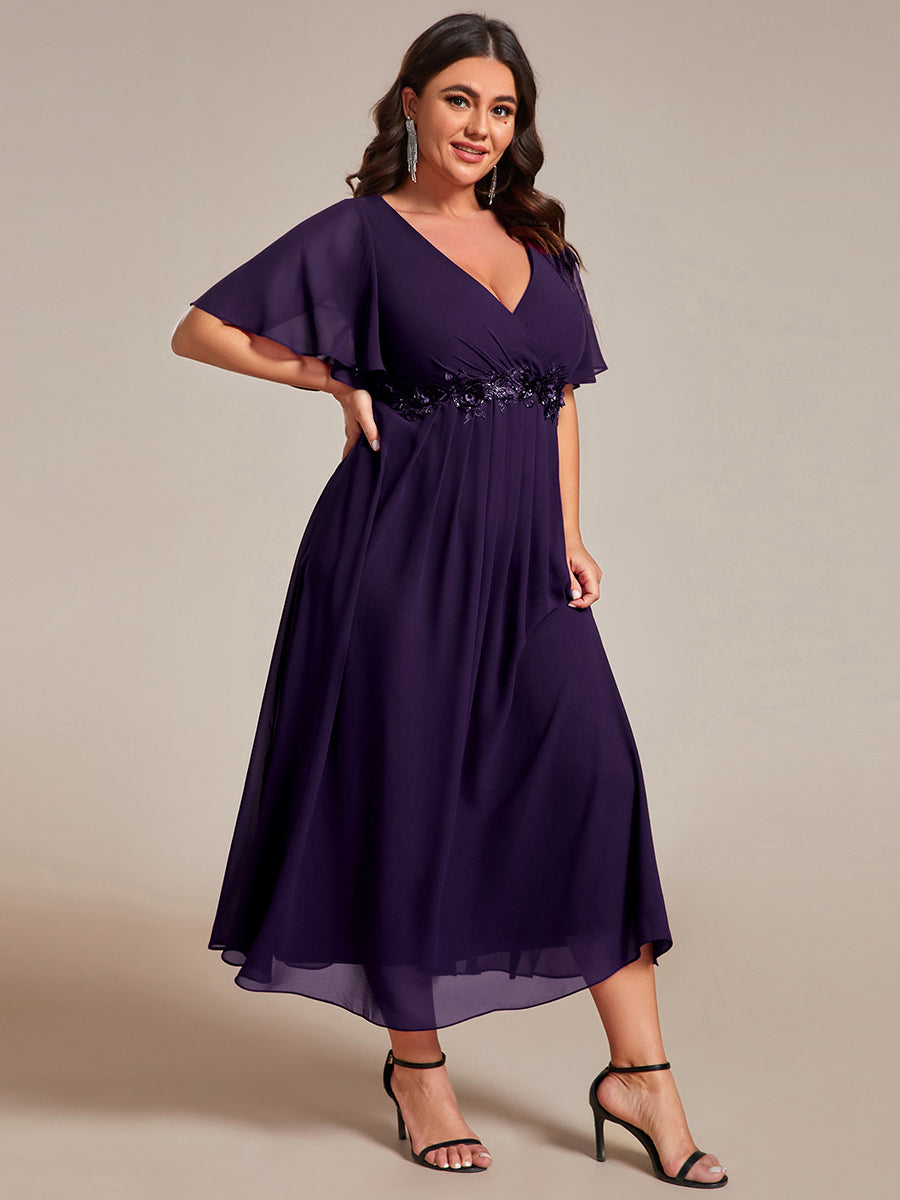 Midi Länge V-Ausschnitt A-Linie Chiffon Kleid Mit Applikationen Und Raffung Details Kleid #Farbe_Dunkelviolett
