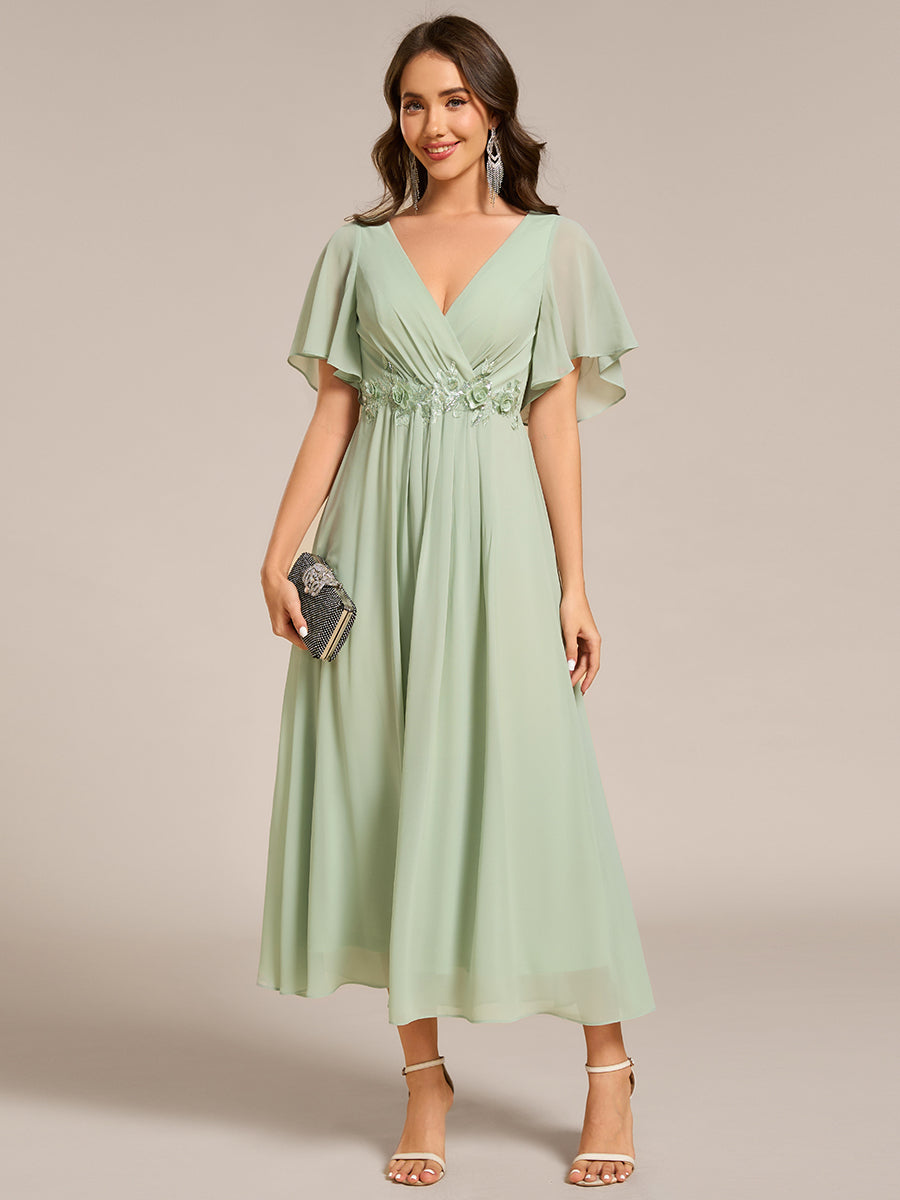 Midi Länge V-Ausschnitt A-Linie Chiffon Kleid Mit Applikationen Und Raffung Details Kleid #Farbe_Mintgrün