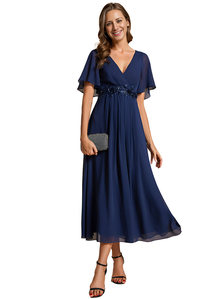 Midi Länge V-Ausschnitt A-Linie Chiffon Kleid Mit Applikationen Und Raffung Details Kleid #Farbe_Marineblau