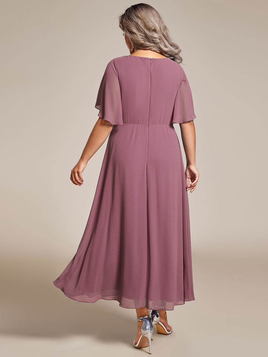 Midi Länge V-Ausschnitt A-Linie Chiffon Kleid Mit Applikationen Und Raffung Details Kleid #Farbe_Orchideenviolett