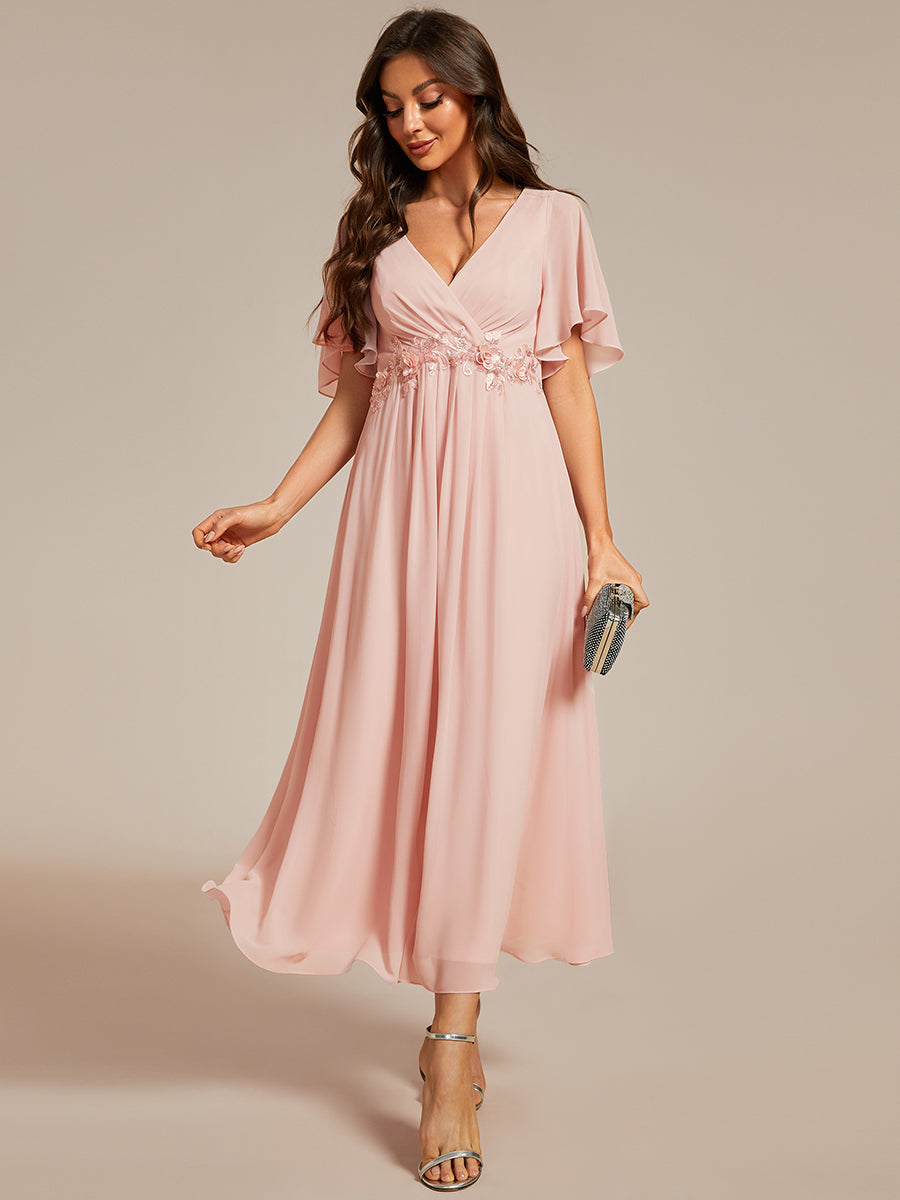 Midi Länge V-Ausschnitt A-Linie Chiffon Kleid Mit Applikationen Und Raffung Details Kleid #Farbe_Pink