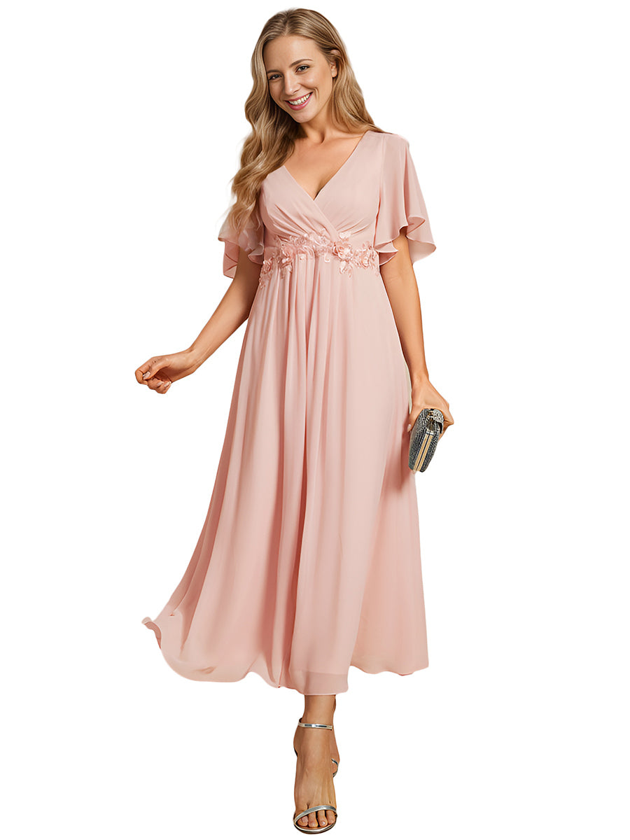 Midi Länge V-Ausschnitt A-Linie Chiffon Kleid Mit Applikationen Und Raffung Details Kleid #Farbe_Pink
