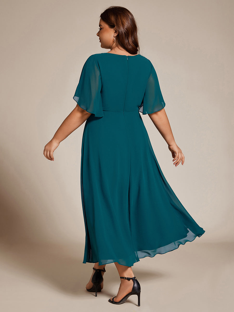 Midi Länge V-Ausschnitt A-Linie Chiffon Kleid Mit Applikationen Und Raffung Details Kleid #Farbe_Petrol