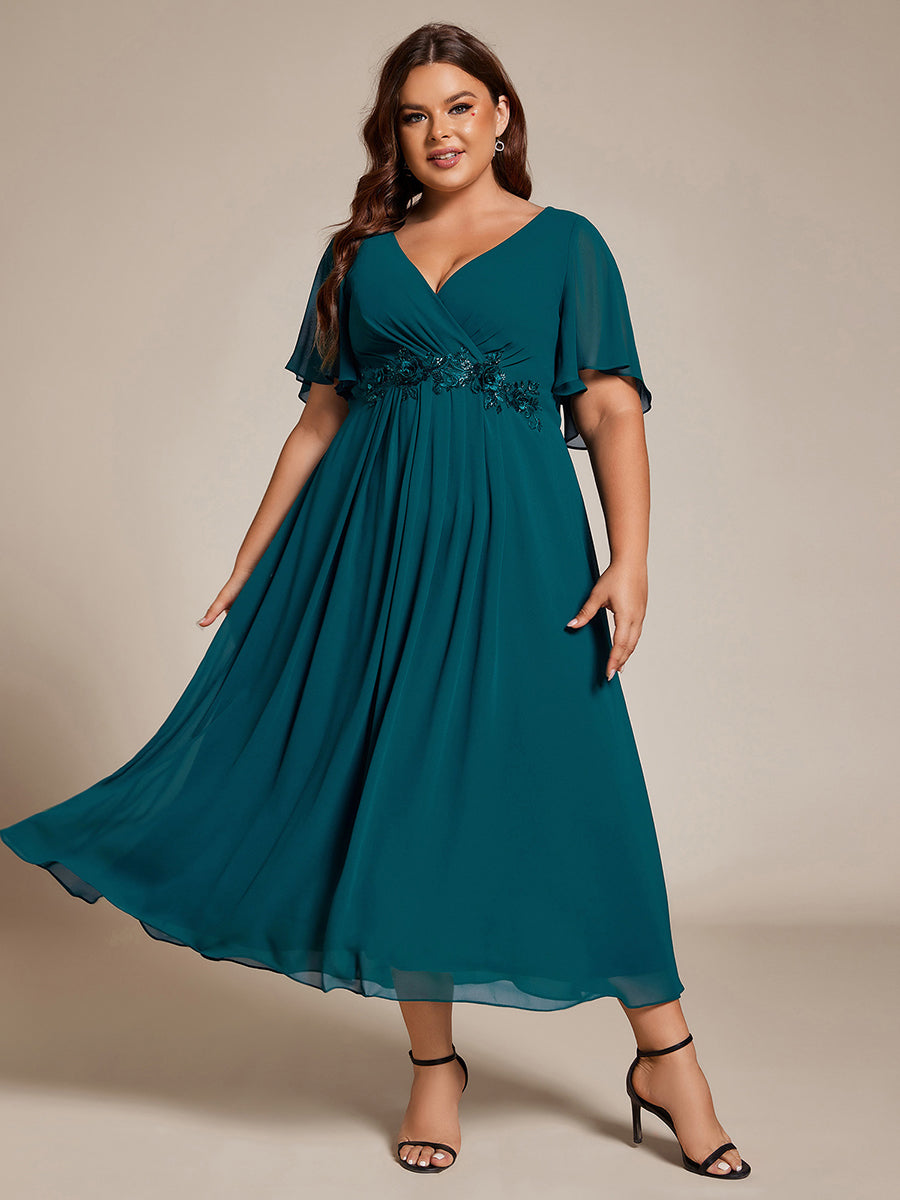 Midi Länge V-Ausschnitt A-Linie Chiffon Kleid Mit Applikationen Und Raffung Details Kleid #Farbe_Petrol