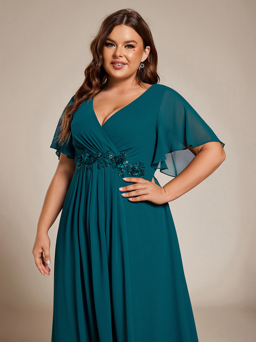 Midi Länge V-Ausschnitt A-Linie Chiffon Kleid Mit Applikationen Und Raffung Details Kleid #Farbe_Petrol