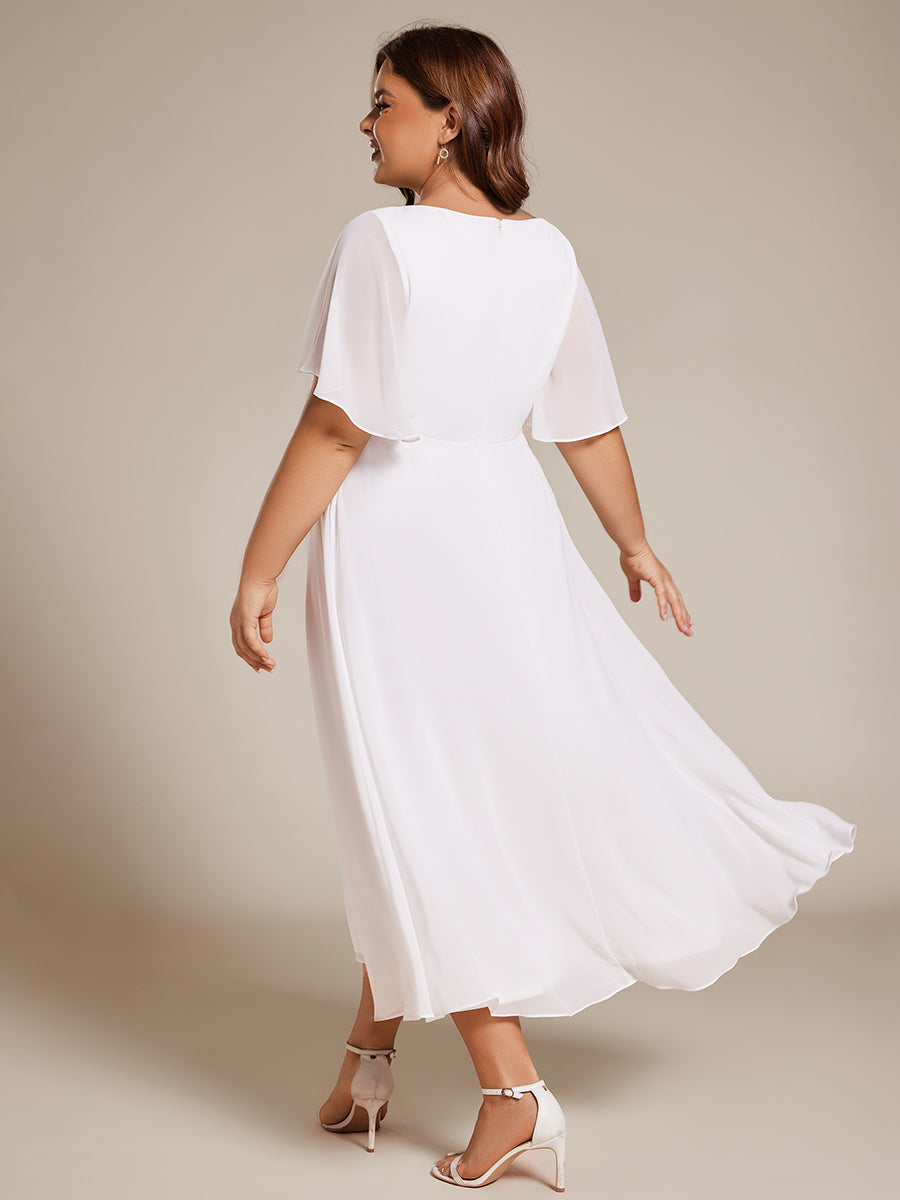 Midi Länge V-Ausschnitt A-Linie Chiffon Kleid Mit Applikationen Und Raffung Details Kleid #Farbe_Weiß