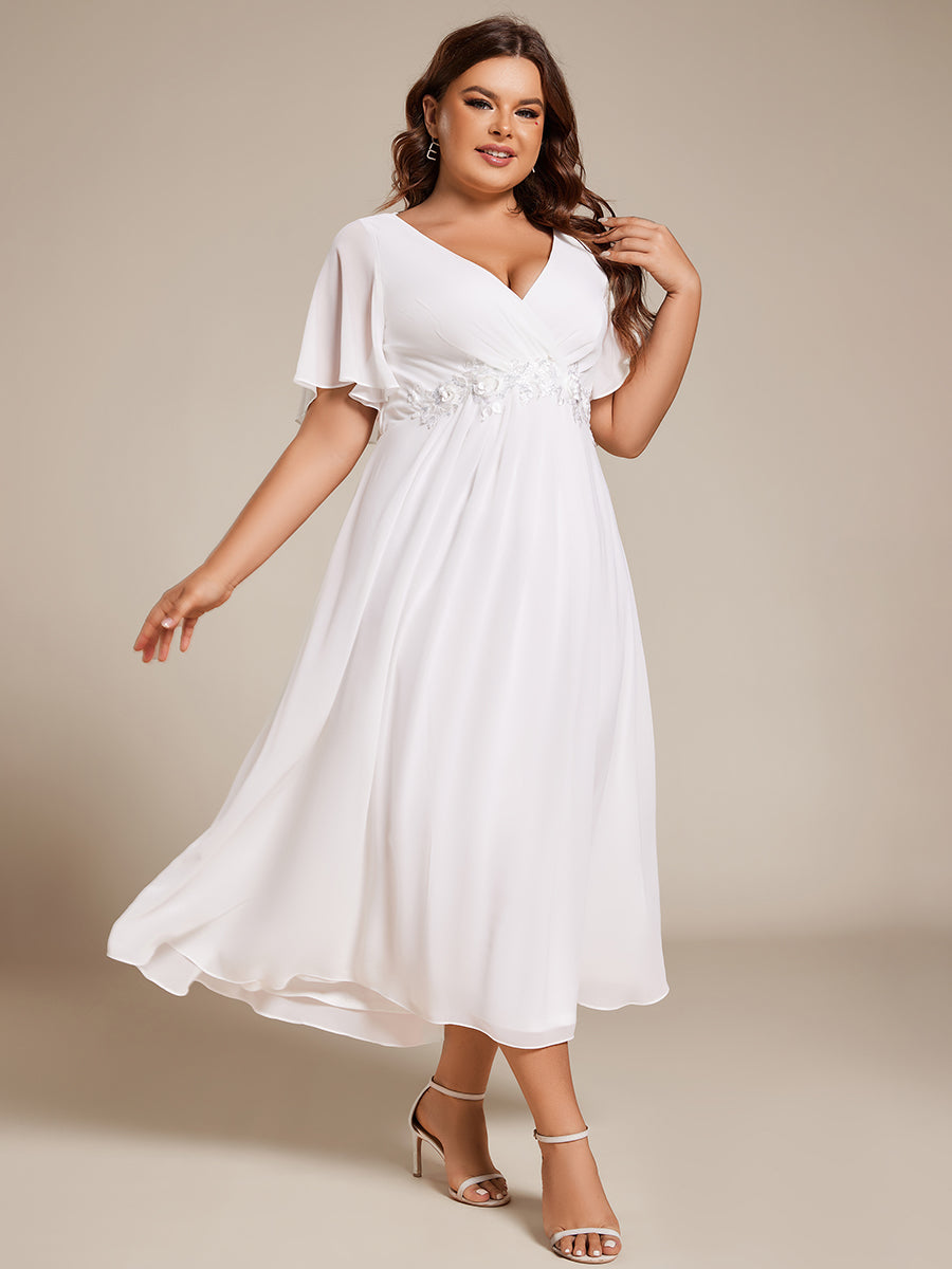 Midi Länge V-Ausschnitt A-Linie Chiffon Kleid Mit Applikationen Und Raffung Details Kleid #Farbe_Weiß