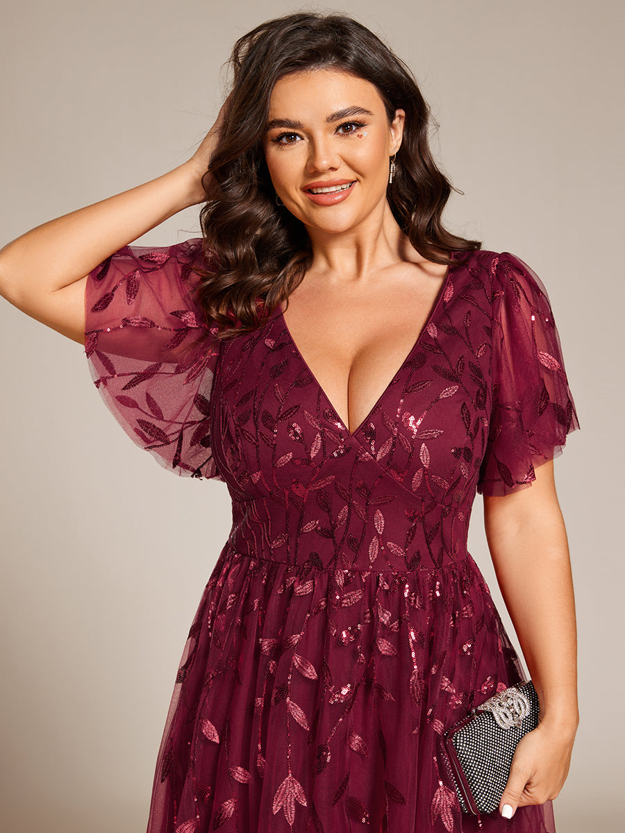 Midi Länge V-Ausschnitt A-Linie Pailletten Kleid Mit Besticktem Blumenmuster Und Gerafften Details #Farbe_Burgunderrot