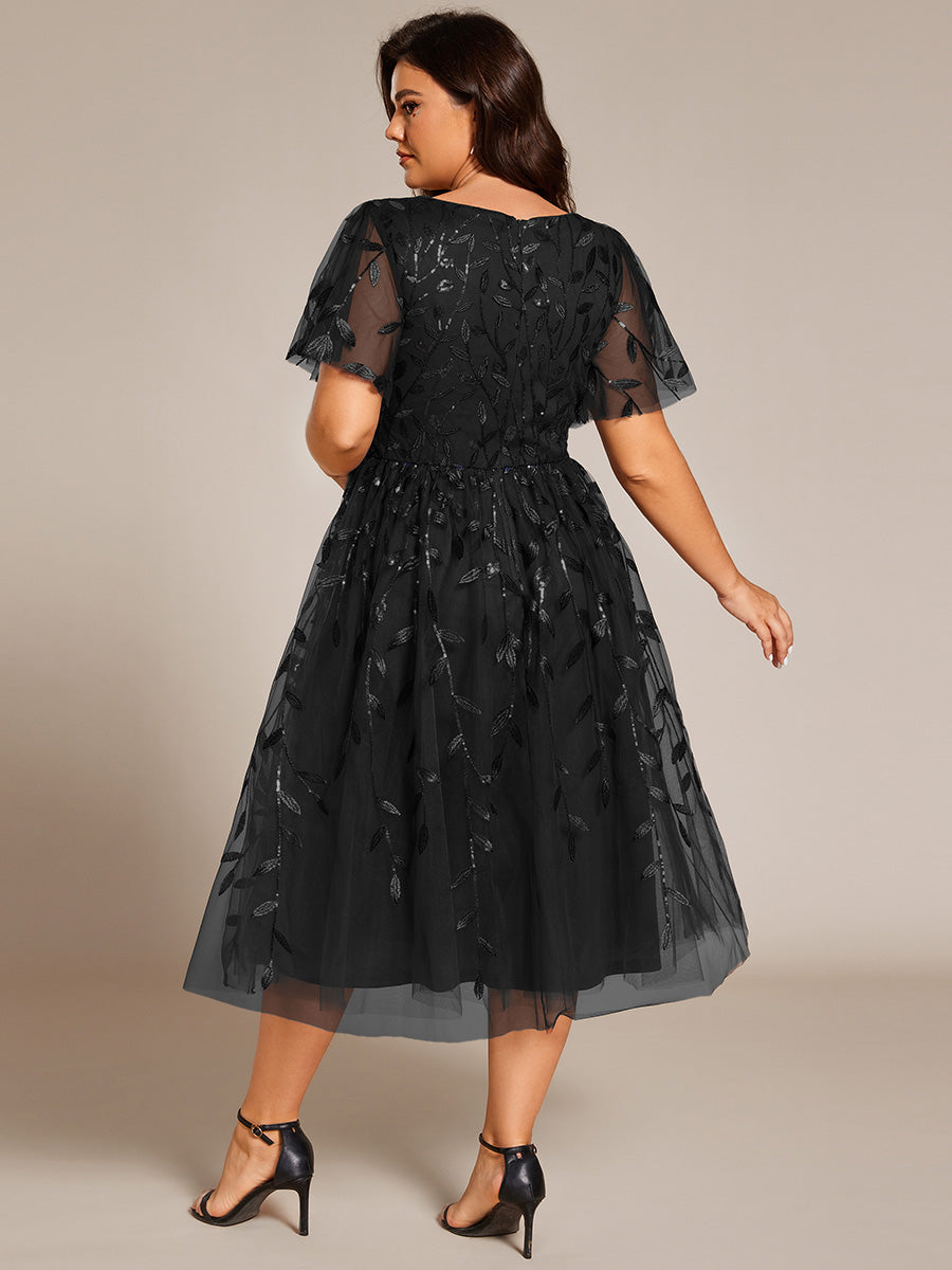 Midi Länge V-Ausschnitt A-Linie Pailletten Kleid Mit Besticktem Blumenmuster Und Gerafften Details #Farbe_Schwarz