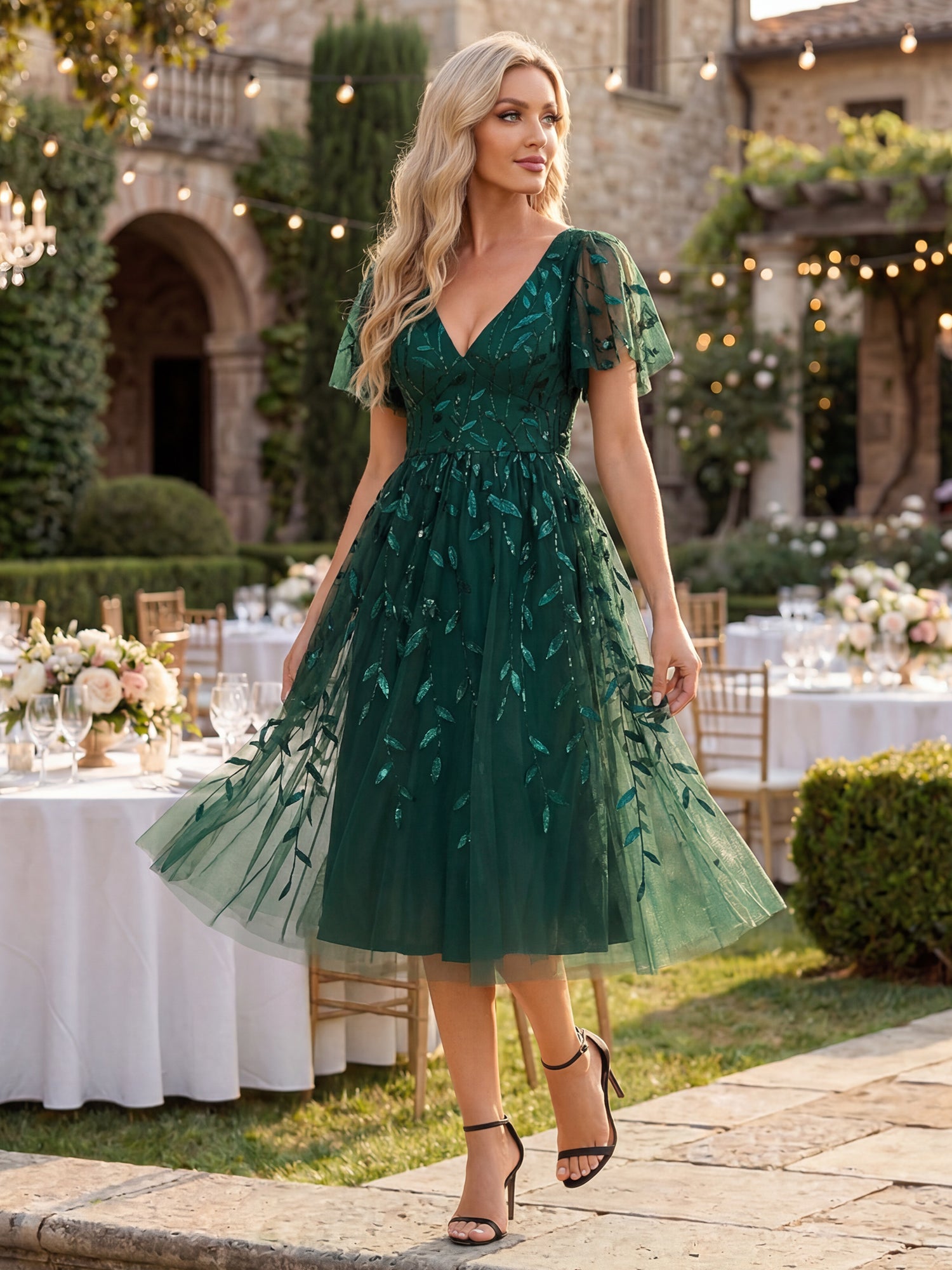 Midi Länge V-Ausschnitt A-Linie Pailletten Kleid Mit Besticktem Blumenmuster Und Gerafften Details #Farbe_Dunkelgrün