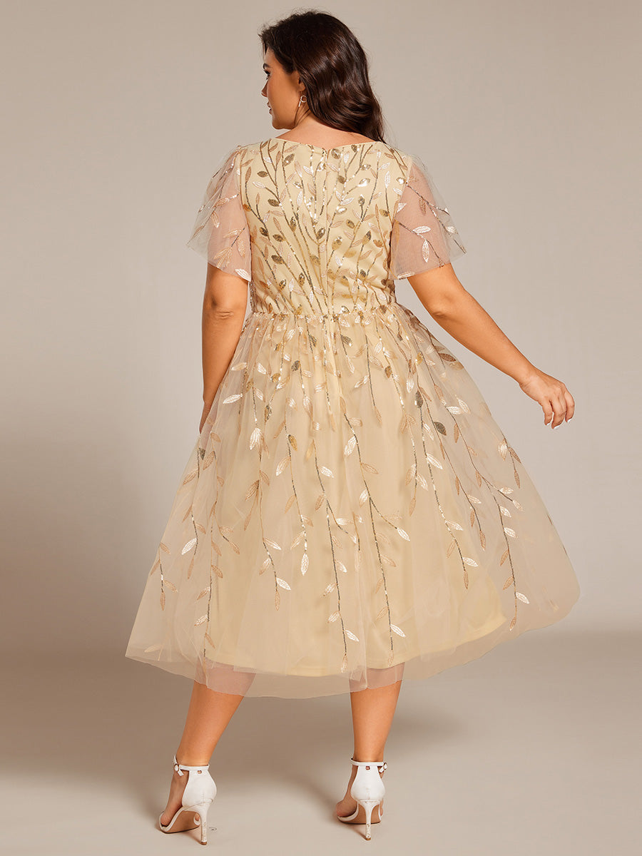 Midi Länge V-Ausschnitt A-Linie Pailletten Kleid Mit Besticktem Blumenmuster Und Gerafften Details #Farbe_Gold