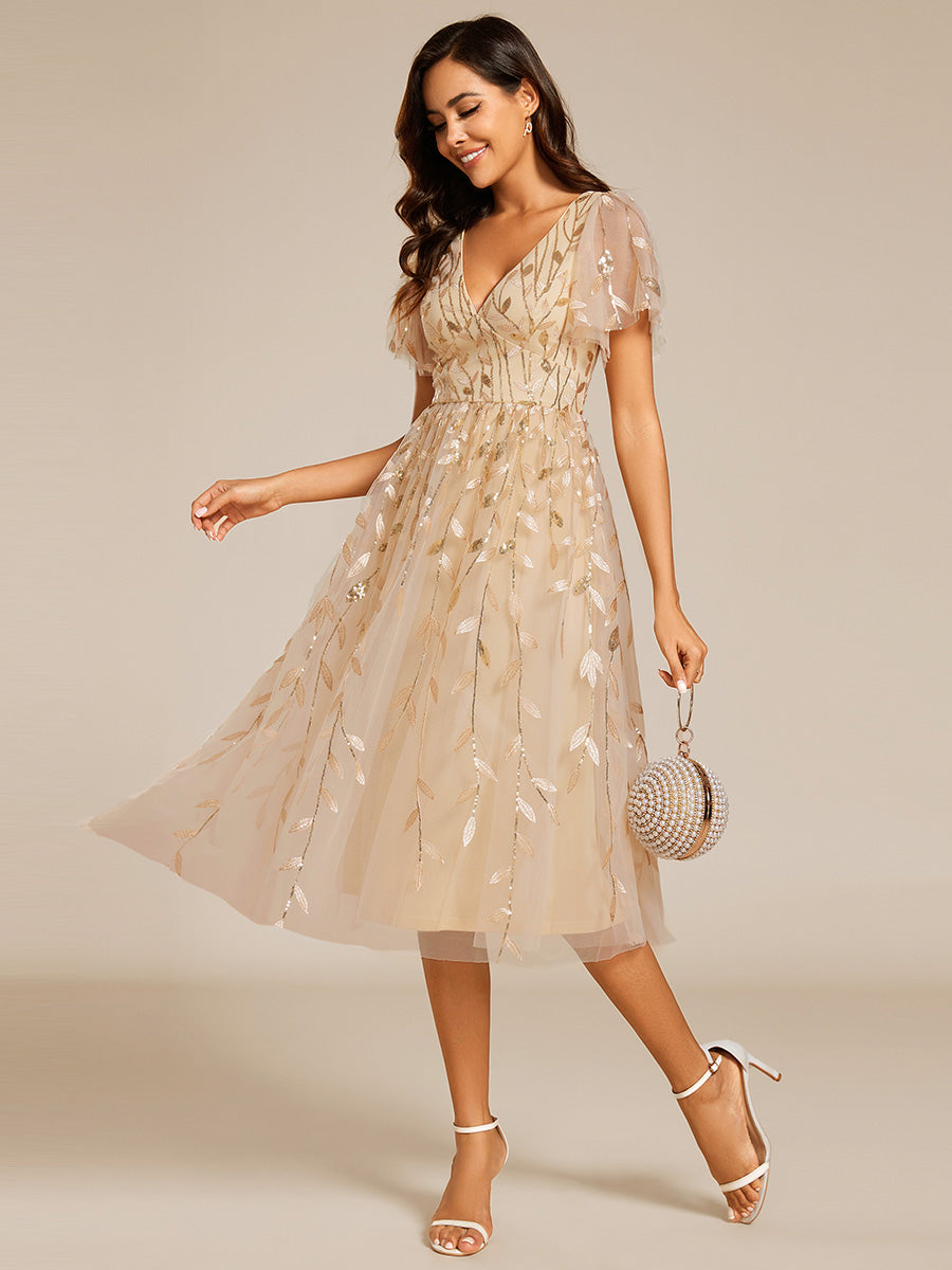 Midi Länge V-Ausschnitt A-Linie Pailletten Kleid Mit Besticktem Blumenmuster Und Gerafften Details #Farbe_Gold