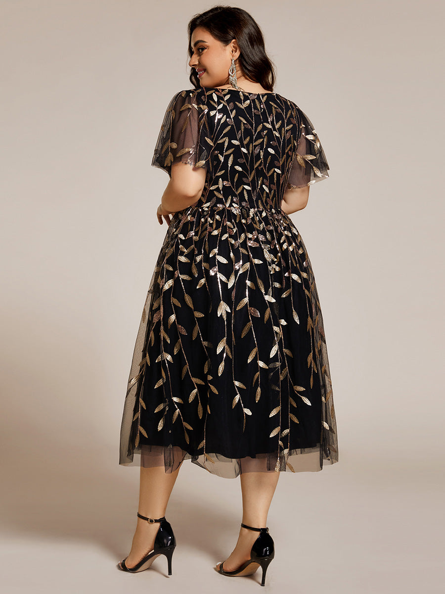 Midi Länge V-Ausschnitt A-Linie Pailletten Kleid Mit Besticktem Blumenmuster Und Gerafften Details #Farbe_Schwarz & Gold