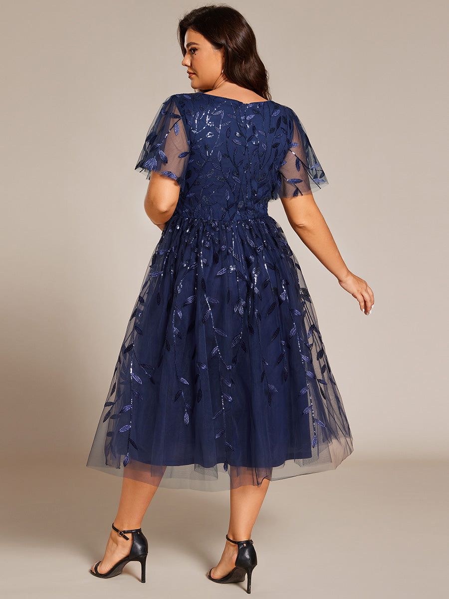 Midi Länge V-Ausschnitt A-Linie Pailletten Kleid Mit Besticktem Blumenmuster Und Gerafften Details #Farbe_Marineblau