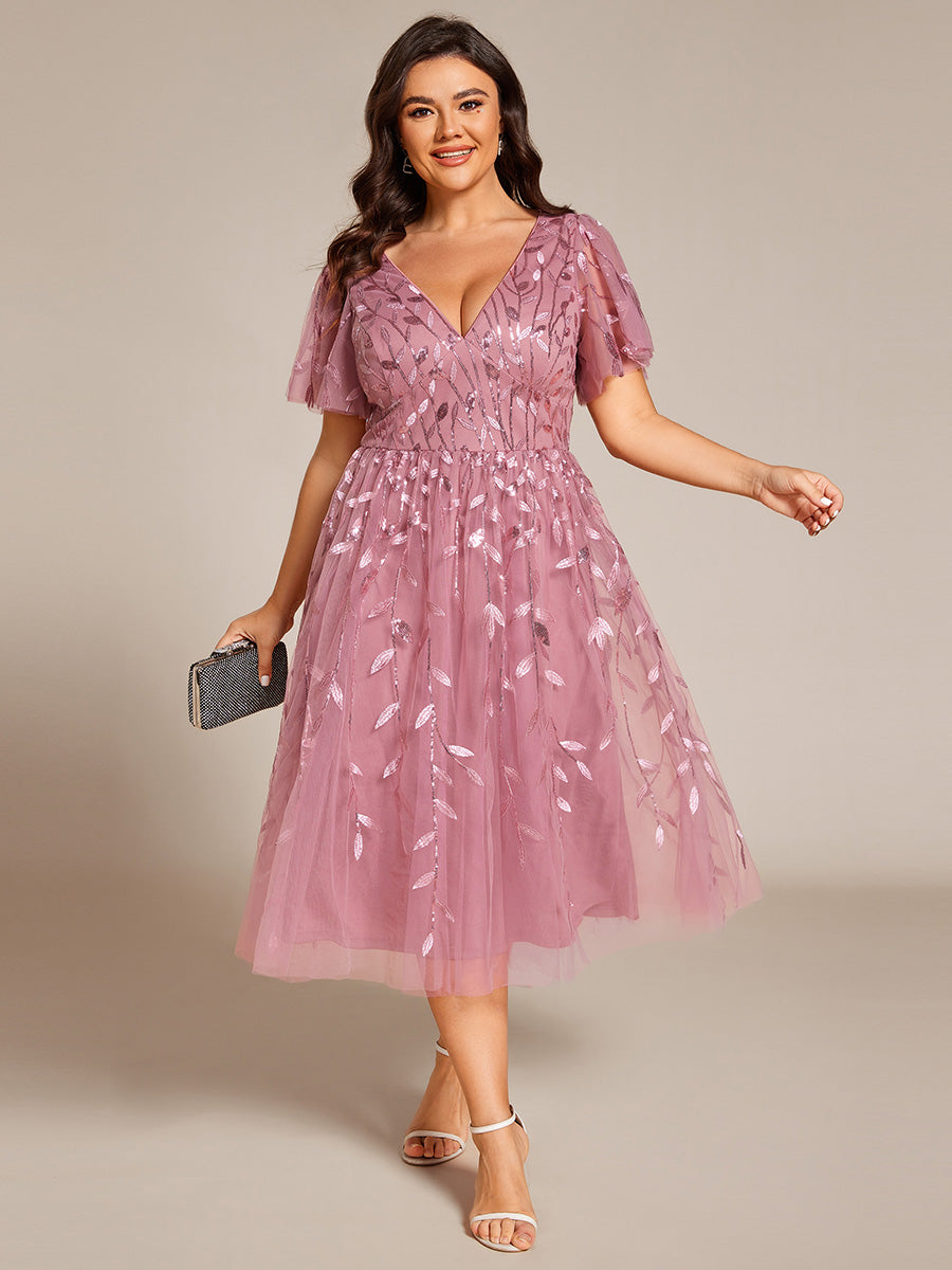 Midi Länge V-Ausschnitt A-Linie Pailletten Kleid Mit Besticktem Blumenmuster Und Gerafften Details #Farbe_Orchideenviolett