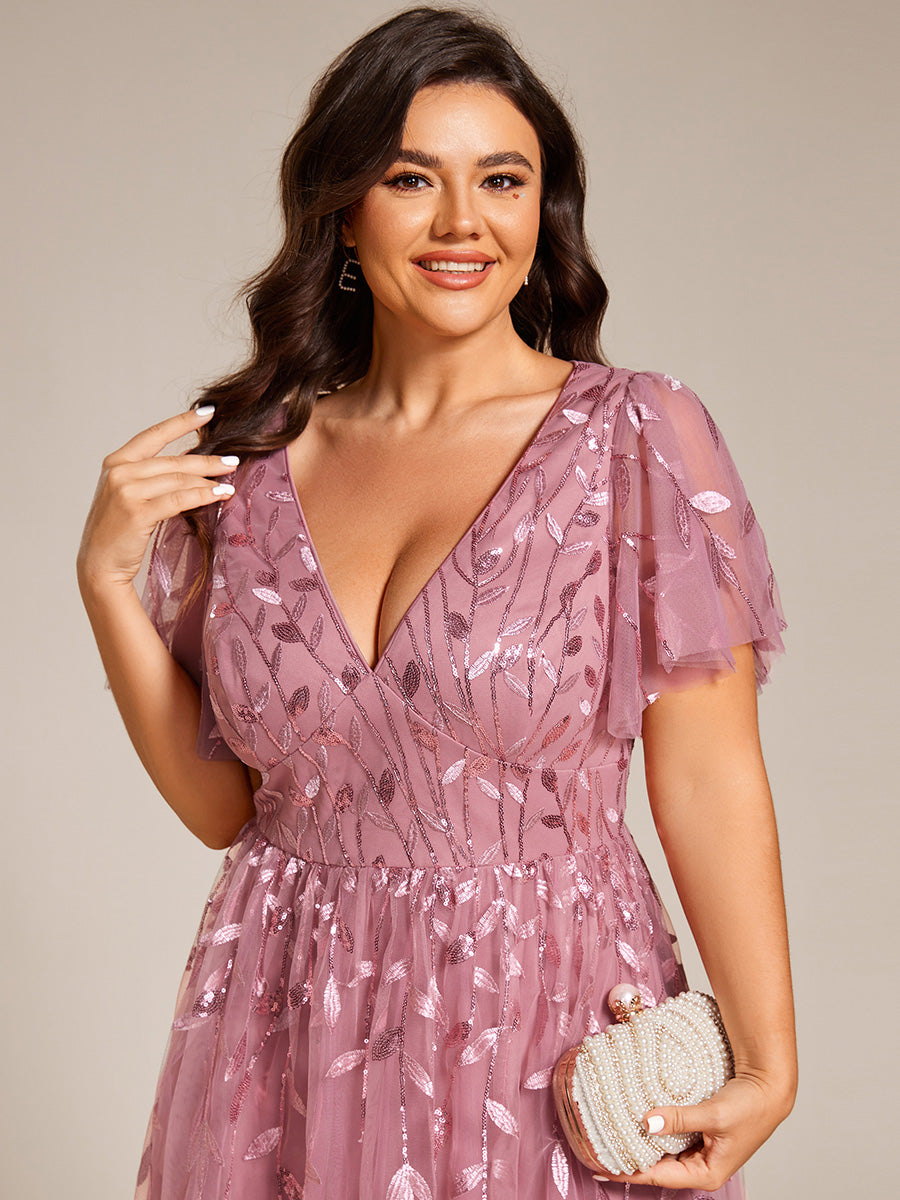 Midi Länge V-Ausschnitt A-Linie Pailletten Kleid Mit Besticktem Blumenmuster Und Gerafften Details #Farbe_Orchideenviolett