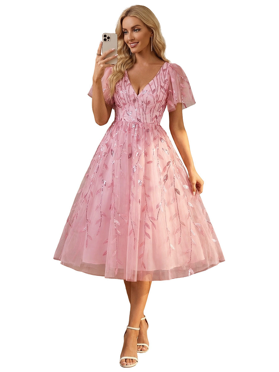 Midi Länge V-Ausschnitt A-Linie Pailletten Kleid Mit Besticktem Blumenmuster Und Gerafften Details #Farbe_Rosa