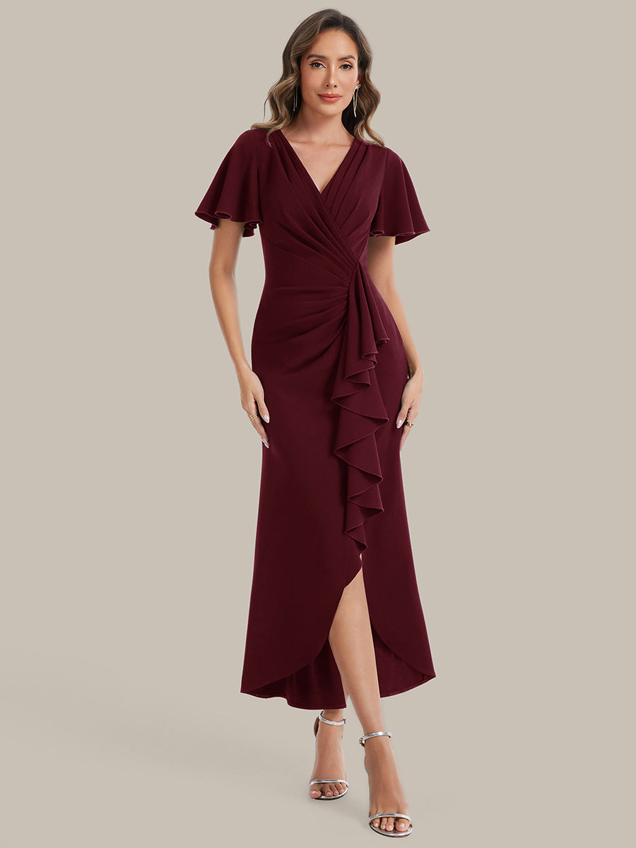 Asymmetrischer Saum V Neck Bodycon Kleid Aus Krepp Mit Tiefem V Ausschnitt Und Hohem Schlitz #Farbe_Burgunderrot