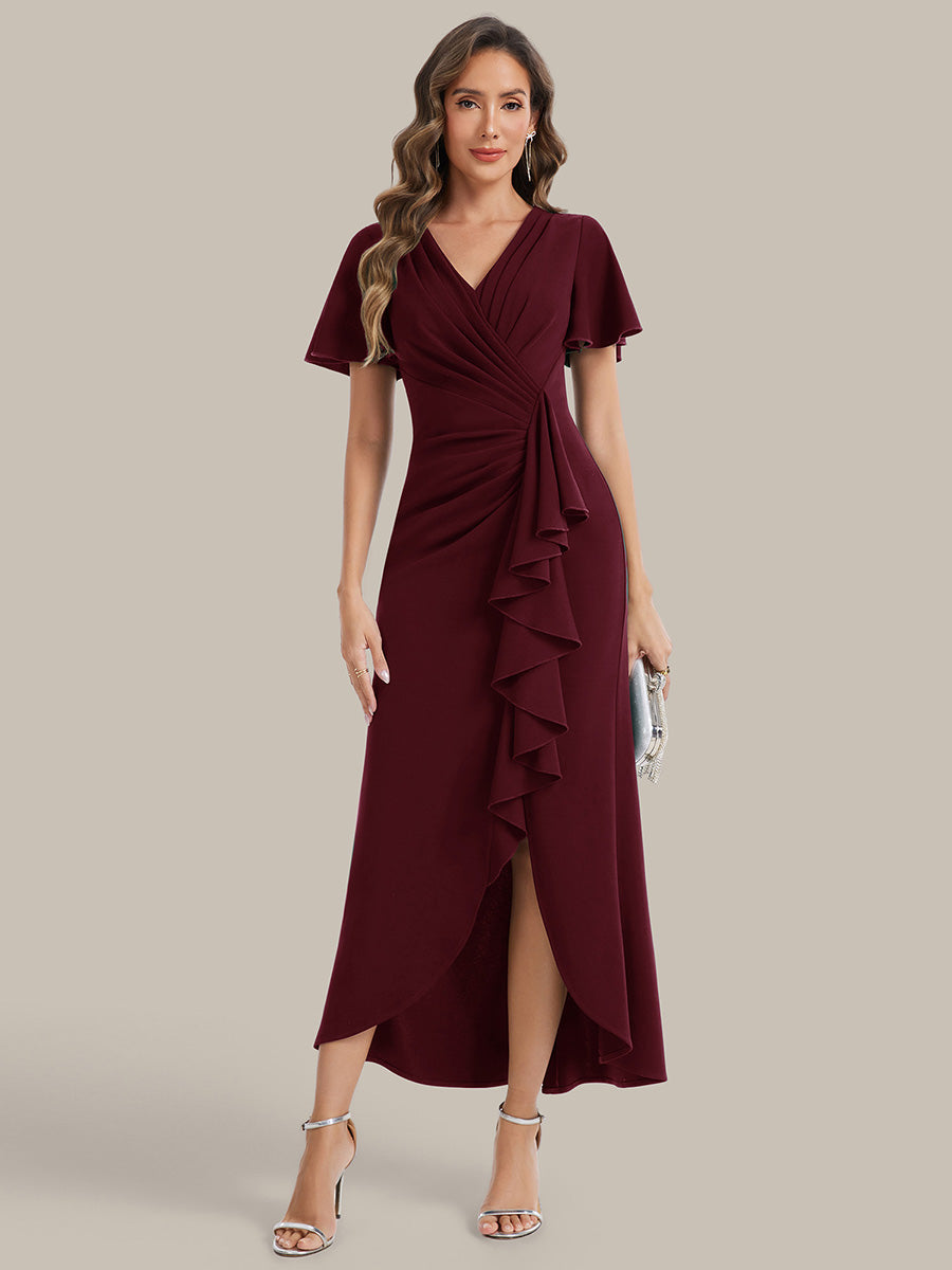 Asymmetrischer Saum V Neck Bodycon Kleid Aus Krepp Mit Tiefem V Ausschnitt Und Hohem Schlitz #Farbe_Burgunderrot
