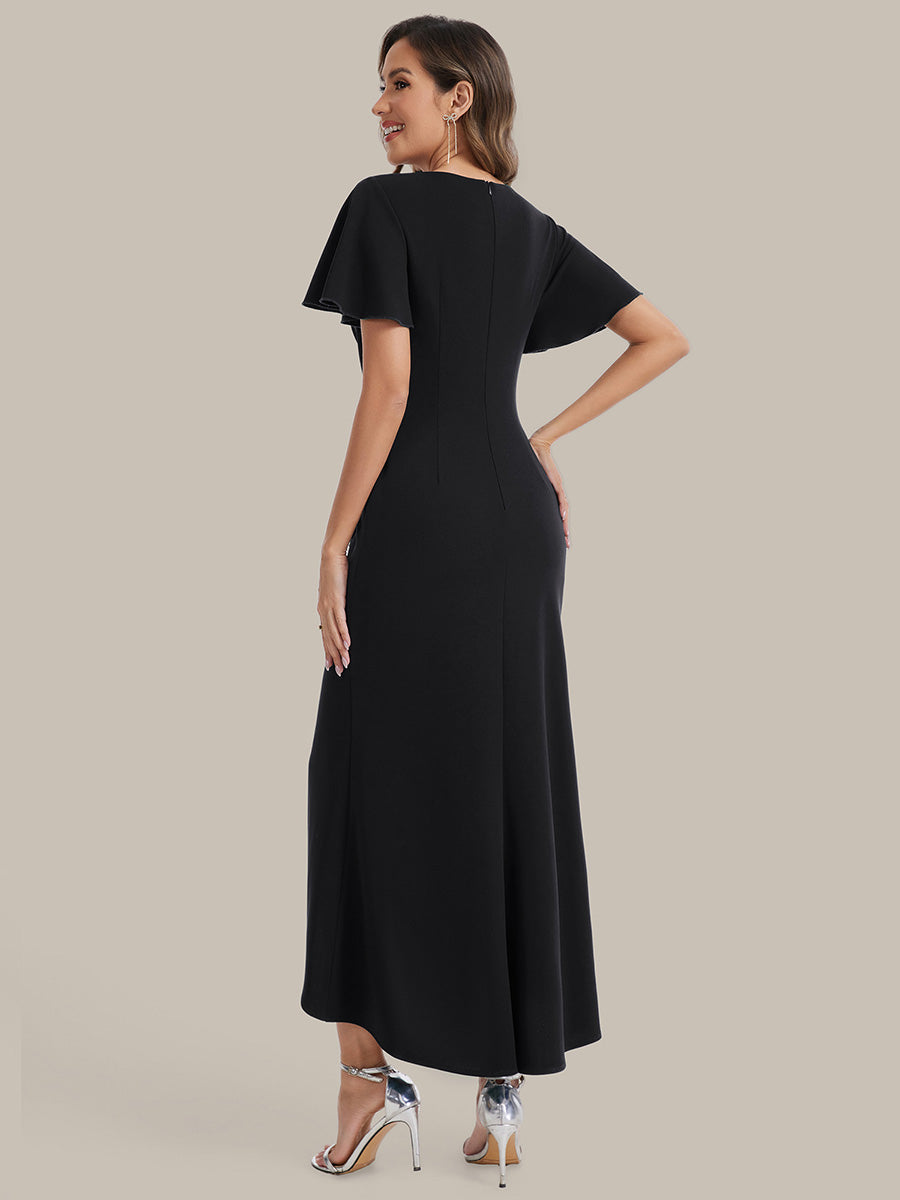 Asymmetrischer Saum V Neck Bodycon Kleid Aus Krepp Mit Tiefem V Ausschnitt Und Hohem Schlitz #Farbe_Schwarz